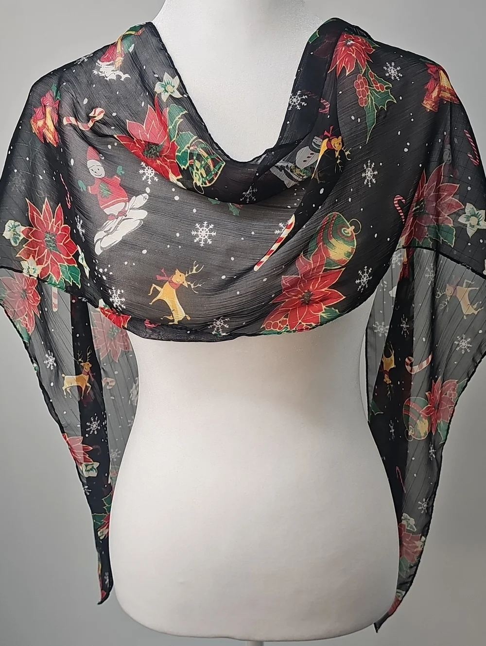 Festive Black Sheer Scarf w Red Poinsettias & Winter Holiday Icons Fun Festive